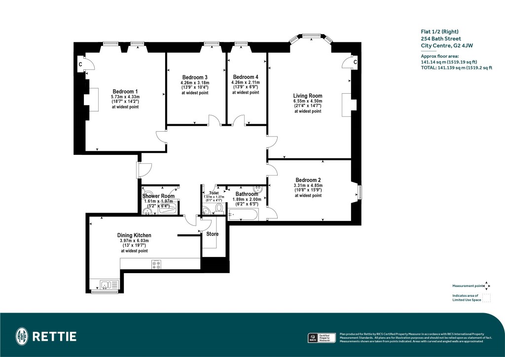 Floorplans For Flat 1/2  (Right), Bath Street, Charing Cross, Glasgow